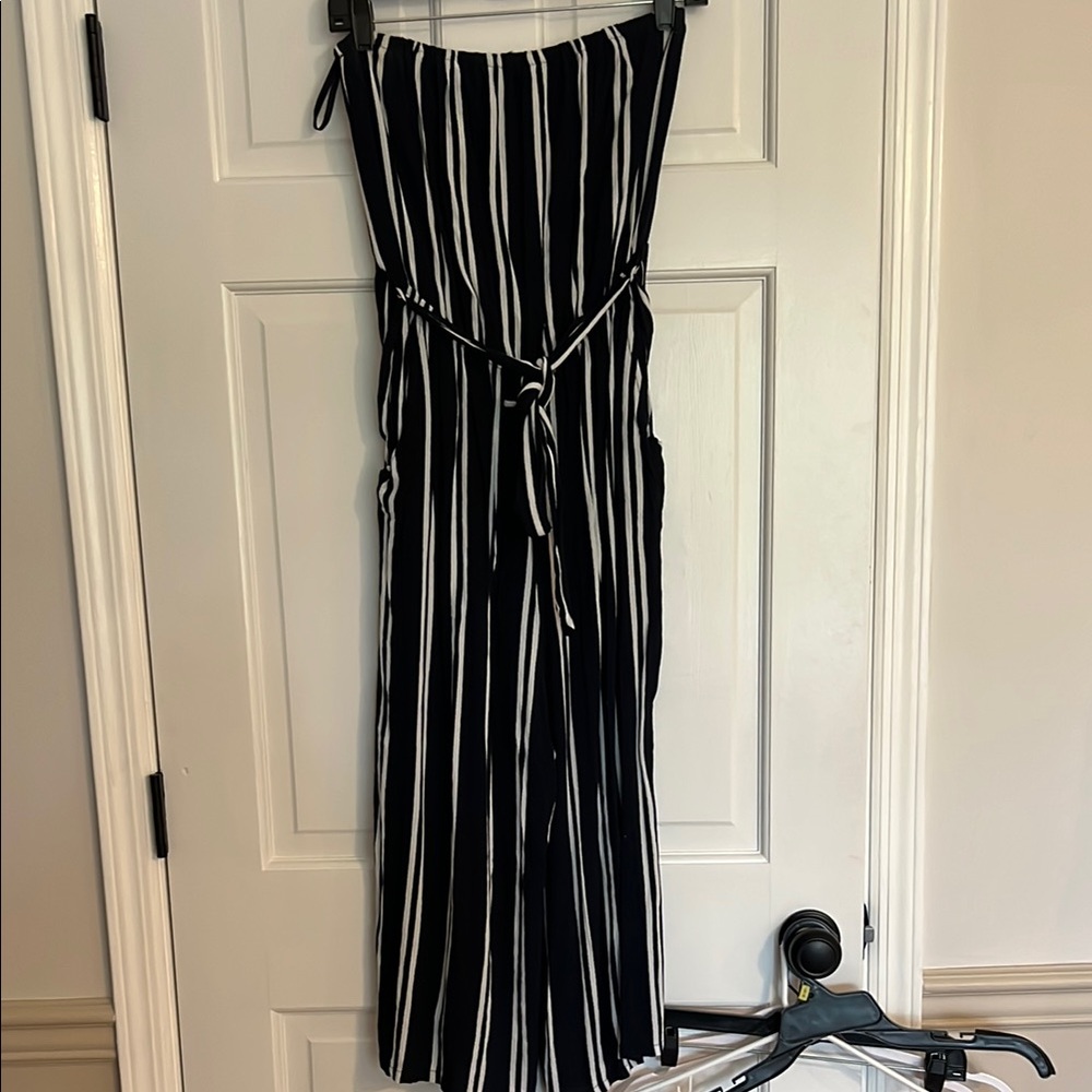 Dress Forum Navy and White Striped Jumpsuit